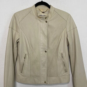 Cole Haan Cream Moto Lambskin Leather Zip Pockets Quiet Luxury Preppy Jacket M